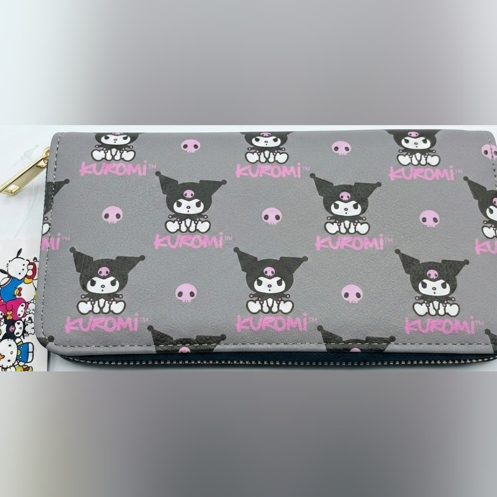 Sanrio Kuromi Zip Around Long Wallet Gray Pink Skull Pattern NWT - Picture 2 of 6